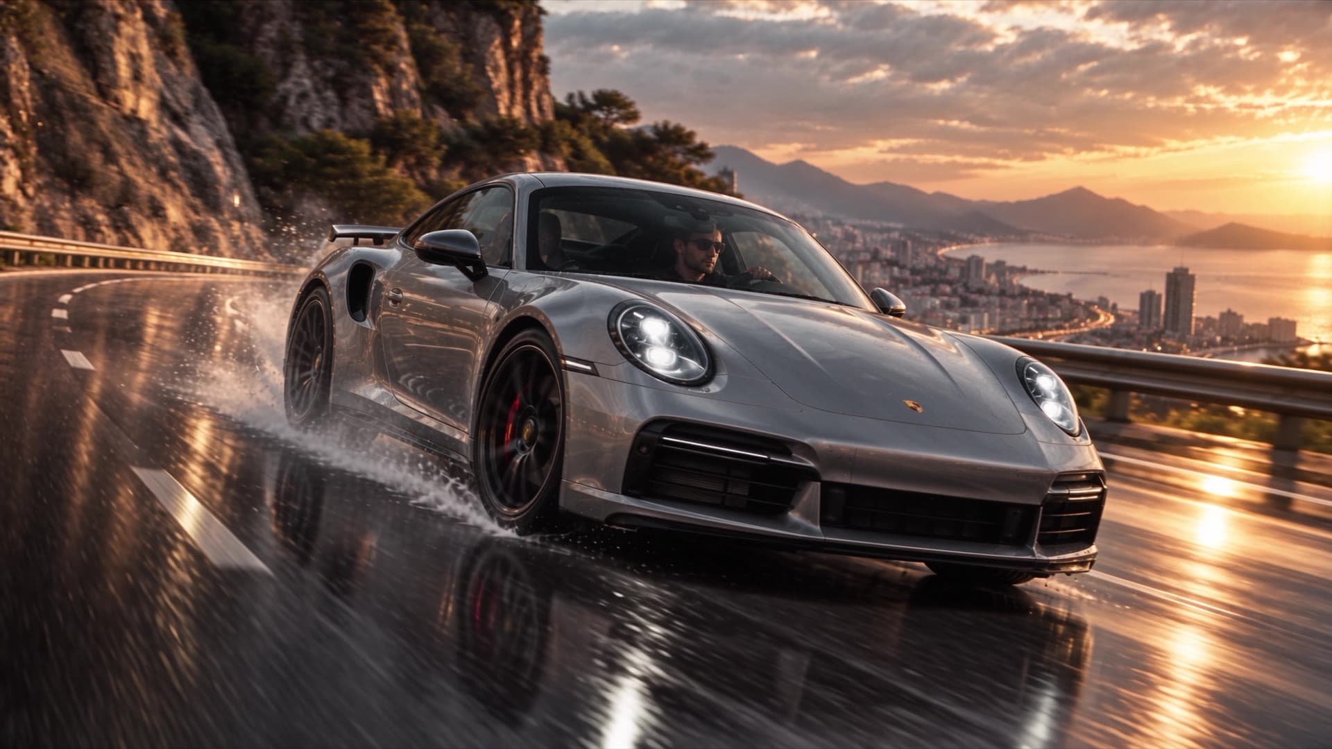 Silver sports car driving along a sunlit coastal road