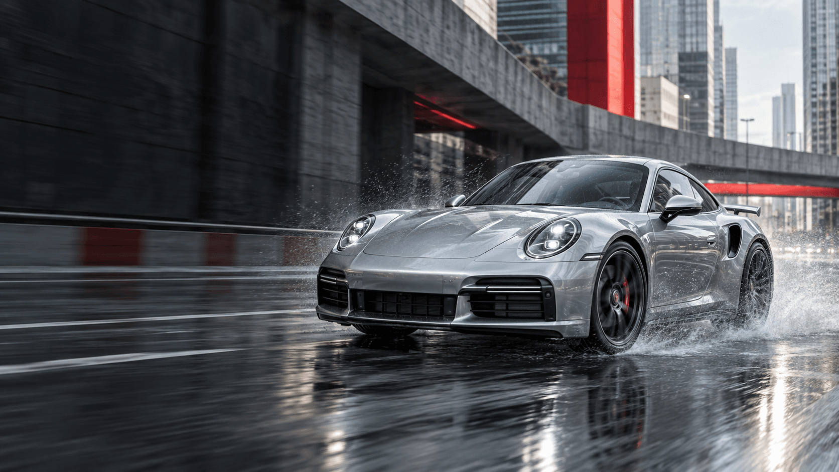 Silver sports car in a cinematic action scene